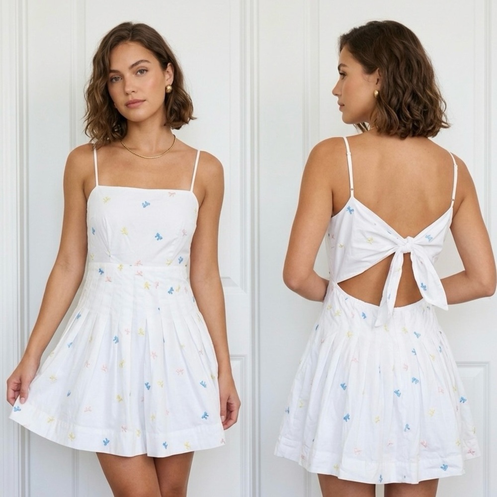 MABLE White Spaghetti Strap Dress with Pink Bow Detail. NWOT.